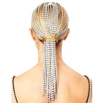 Jauns Moderns Bling Rhinestone Matu Aksesuāri Ķēdes Sieviešu Rotaslietas Elegants Pilns Kristāla Pušķis Hairbands Garu Ķēdi Cepures