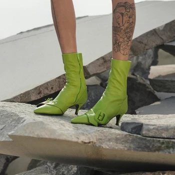 Jauns Neona Zaļā Potītes Zābaki Sieviešu Norādīja Toe zip Botines Modes Kurpes Sieviešu Duncis Papēži Sexy Botas Mujer 2020