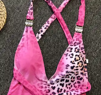 Jauns Pārsējs Siksnas Leopard Bodysuit Kristāla viengabala Peldkostīmu, Monokini Seksīgi Peldkostīmi Sieviešu Rozā Brazīlijas Rhinestone Beachwear