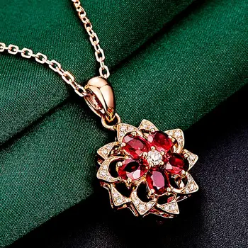 Jauns Ruby dārgakmeņiem, sarkanā kristāla kulons kaklarotas sievietēm luksusa dimantu 18k Rose gold tone sānslīdi kaklasaite rotaslietas, ziedu bijoux bague