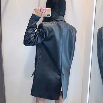 Jauns Sieviešu Mētelis melns ciets PU pogas, kabatas ar garām piedurknēm V-veida Kakla Mēteļi sieviešu modes gadījuma sieviešu apģērbu