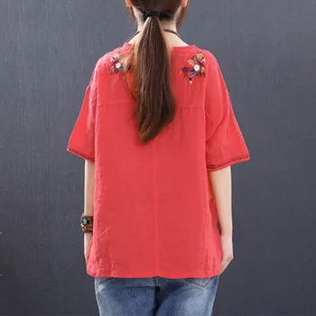 Jaunu 2019 Etniskā Ziedu Izšūti Vasaras T-krekls ar Īsām piedurknēm Nacionālā Stila Augstas Kvalitātes Kokvilnas Veļa, Sieviešu T-Krekls 4 Krāsas