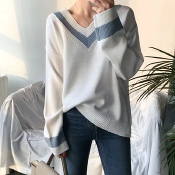 Jaunu 2019 Rudens Ziemas Sieviešu Džemperi Melns Balts Džemperis korejiešu Stilā Minimālisma Gadījuma V-veida Kakla Biroja Dāma Outwear Džemperis