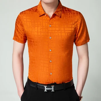 Jaunu 2019 Vīriešu Mīksta Zīda Krekls Vasaras Mens Casual Īsām Piedurknēm Plānas Zīda Drēbes Vīrietis Biznesa Izšūta Zīda Kleita Krekls