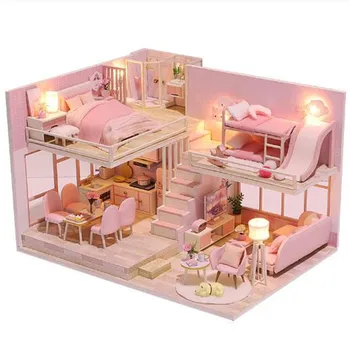 Jaunu 3D Koka Leļļu Māja Rozā Stilu Mēbeļu DIY Miniatūra Mājas Modelis LED Gaismas, Koka Namiņš Ziemassvētku Dāvanas Chidren