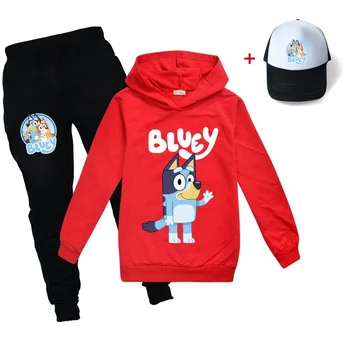 Jaunu Jauki Bluey Bingo Bērniem, Hoodies+ Bikses+Cepurīte 3pcs Komplekti Apģērbu Suņiem Karikatūra Kokvilnas Bērniem ar garām Piedurknēm Zēniem Apģērbi Meitenēm