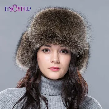 Jaunu karstā ziemas kažokādas cepure sievietēm nekustamā fox/jenots kažokādas cepure ar ādas krievijas modes silts bomber klp luksusa labas kvalitātes