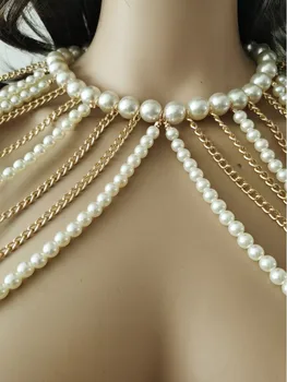 Jaunu RJPE10 Modes Sieviešu Zelta Ķēdes Slāņi Mākslīgas Pērles Top Plecu Ķēdes Struktūra, Kostīmu Rotaslietas 2 Krāsas