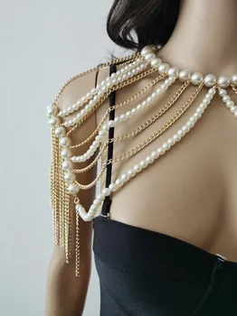 Jaunu RJPE10 Modes Sieviešu Zelta Ķēdes Slāņi Mākslīgas Pērles Top Plecu Ķēdes Struktūra, Kostīmu Rotaslietas 2 Krāsas