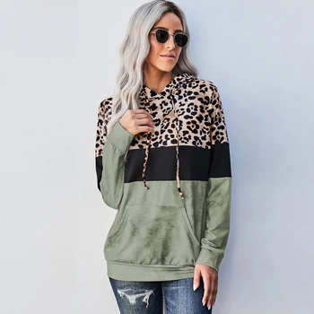 Jaunu Rudenī Sieviešu Leopards Drukāt pelēkā vārna garām Piedurknēm Raibs Gadījuma Krāsu Bloku Pulovers Modes Streetwear Krekls ar Kabatām