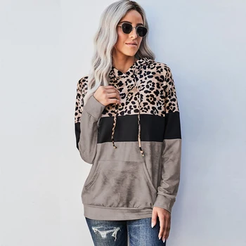 Jaunu Rudenī Sieviešu Leopards Drukāt pelēkā vārna garām Piedurknēm Raibs Gadījuma Krāsu Bloku Pulovers Modes Streetwear Krekls ar Kabatām
