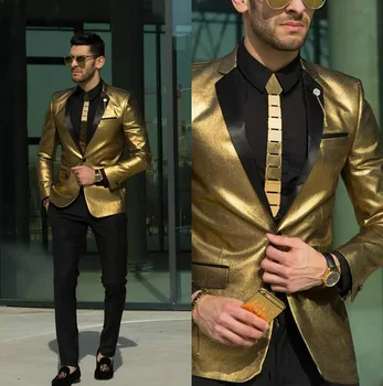 Jaunu ShiningTPSAADE Zelta Kāzu Uzvalki Vīriešiem Tuxedos Lēti Slim Fit Līgava Valkāt Labāko Vīriešu Uzvalki Pasūtījuma izgatavotu (Jaka + Bikses)