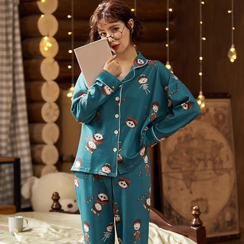 Jaunu Slinks Pidžamas Stila Meitene 2020 Rudens Ziemas Pilnu Kokvilnas Sieviešu Pidžamas Komplekts Ar Garām Piedurknēm Sievietēm Sleepwear Long Elsas Meitene Pidžamā