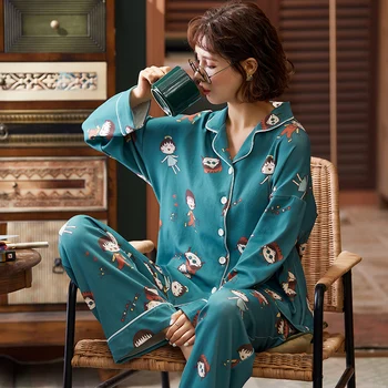 Jaunu Slinks Pidžamas Stila Meitene 2020 Rudens Ziemas Pilnu Kokvilnas Sieviešu Pidžamas Komplekts Ar Garām Piedurknēm Sievietēm Sleepwear Long Elsas Meitene Pidžamā