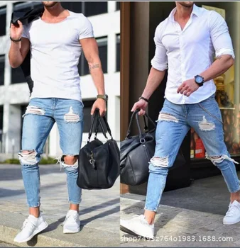 Jaunu stilu Eiropas un Amerikas vīriešu izdilis džinsi gaismas krāsu izsisto caurumu bikses vīriešu ripped džinsi