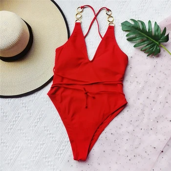 Jaunu viengabala Peldkostīms Sievietēm Sexy Black Red V-veida kakla Peldkostīmi Ir 2021. Vasaras Monokini Augstu Kāju Bodysuit peldkostīms Sieviešu Beachwear