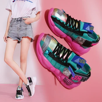 JAUNĀ Sieviešu Chunky Čības Platforma, Bieza Zole Dāmas Gadījuma Vulcanize Kurpes Interneta Slavenība Tētis Sieviešu Modes Sneaker Dizainers W5