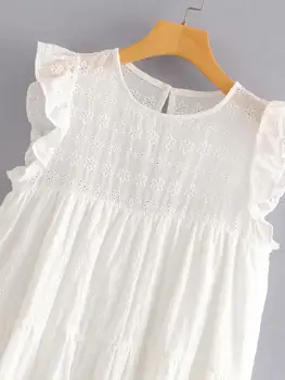 Jaunā sieviešu salds ruffles dobi no izšuvumi balta mini kleita elegants sieviešu o kakla piedurknēm gadījuma vestido puse kleitas DS3708