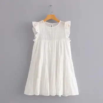 Jaunā sieviešu salds ruffles dobi no izšuvumi balta mini kleita elegants sieviešu o kakla piedurknēm gadījuma vestido puse kleitas DS3708