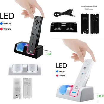 Jaunā Tālvadības pults Dual Uzlādēšanas Doka Staciju + 2/4x 2800mAh Baterija Nintendo Wii Gamepad Lādētājs Ar LED Gaismas