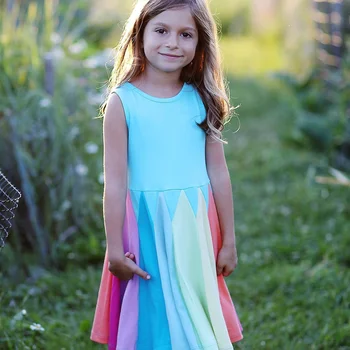 Jaunā Vasaras Bērnu Meiteņu Apģērbu Modes Varavīksnes Īsām Piedurknēm Kokvilnas Krāsu Bloku Cute Puse Kleitas Bērniem Princese Meitenes Kleita