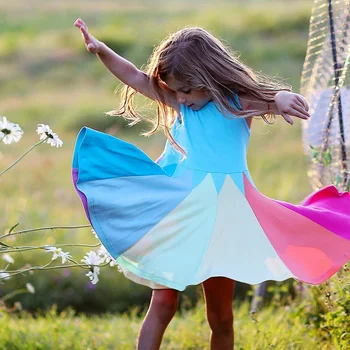 Jaunā Vasaras Bērnu Meiteņu Apģērbu Modes Varavīksnes Īsām Piedurknēm Kokvilnas Krāsu Bloku Cute Puse Kleitas Bērniem Princese Meitenes Kleita