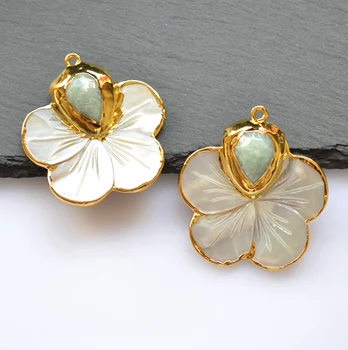 Jaunā zieda forma Shell pearl piekariņu ar amazonitr pērlītēm zelta electroplated malām