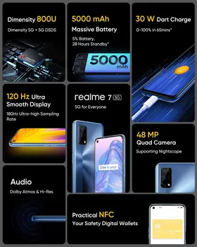 Jaunākās Realme7 5G Globālo Versiju, 6GB+128GB Pilnekrāna 120Hz Displejs 5000mAh 30W Dart Maksas 48MP Kamera Viedtālrunis