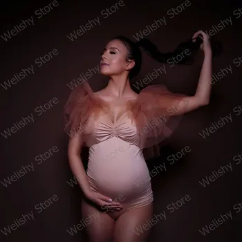 Jaunākās Spandex Bodysuit Maternitātes Kleita 2021For Sieviešu Ruffles Tilla Īsām Piedurknēm Sexy V-Neck Īss Puse Kleitas Fotogrāfija