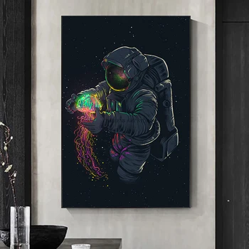 Jautri Mākslas Astronauts Spēlē Medūzas Telpā Kanvas Glezna Plakāti un Izdrukas Sienas Art Pictures Cuadros, lai Dzīvojamā Istaba Dekori