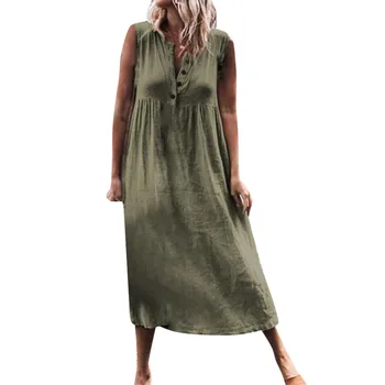 JAYCOSIN drēbes kleita Sievietēm Cietā Gadījuma V Kakla Blutton bez Piedurknēm Beach Maxi Plue Lielums skaistu Lina Kleitas