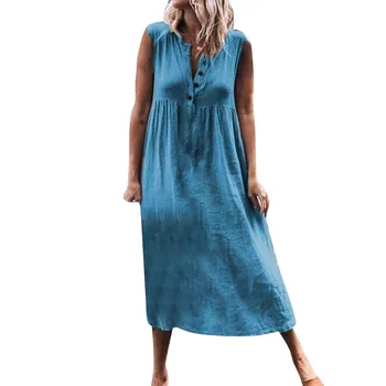 JAYCOSIN drēbes kleita Sievietēm Cietā Gadījuma V Kakla Blutton bez Piedurknēm Beach Maxi Plue Lielums skaistu Lina Kleitas