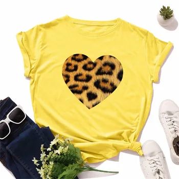 JCGO Sieviešu T-Krekls Vasaras Kokvilnas S-5XL Plus Lieluma Īsām Piedurknēm Leopard Sirds Drukāt Sieviete Gadījuma Vienkārši Tshirts Dāmu Topi, t-veida