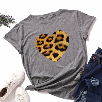 JCGO Sieviešu T-Krekls Vasaras Kokvilnas S-5XL Plus Lieluma Īsām Piedurknēm Leopard Sirds Drukāt Sieviete Gadījuma Vienkārši Tshirts Dāmu Topi, t-veida