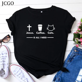 JCGO Vasaras Modes Sieviešu T kreklu, Kokvilnas 5XL Plus Lieluma Jēzus Kafijas Kaķis Drukāt Ikdienas Īsās Piedurknes Dāmas Pamata t-veida Topi TShirts