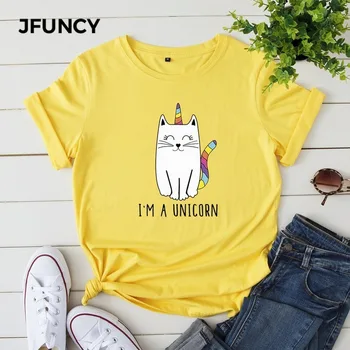 JFUNCY Kokvilnas Sieviešu Vasaras T Krekls Plus Lieluma Gudrs Unicorn Print t-veida Topi ar Īsām Piedurknēm Sieviete, T-krekli, Sieviešu T Brīvs