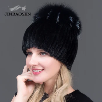 JINBAOSEN Karstā Pārdošanas Modes Ziemā silts Sieviešu Adīt Cepures Ūdeļu cepures ar FOX Kažokādas Vertikālā austi Augšu