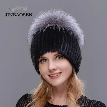 JINBAOSEN Karstā Pārdošanas Modes Ziemā silts Sieviešu Adīt Cepures Ūdeļu cepures ar FOX Kažokādas Vertikālā austi Augšu