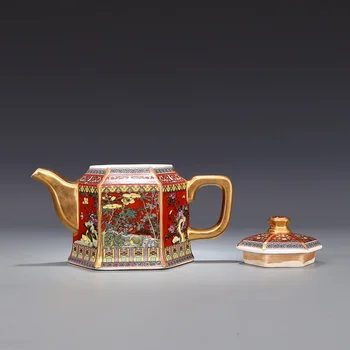 Jingdezhen Antīko Qianlong Emaljas Zelta Tējkanna Ar Rokturi, Hexagon Tējkannas Ar Ziediem Un Putniem Modelis Seno Porcelānu
