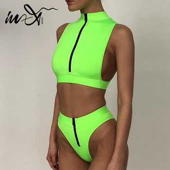 Jo-X Sexy neona zaļā bikini noteikts Augsts viduklis peldkostīmu sieviešu Rāvējslēdzēju peldkostīmi sieviešu peldētāju Augsta kakla sporta peldkostīms, peldbikses