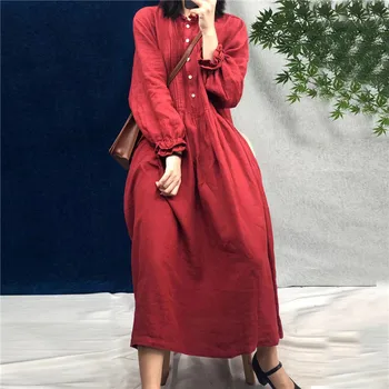 Johnature Jaunu Vintage Veļa Ruffles Apkakles Sieviešu Kleita Ir 2021. Vasaras Japāņu Vienkrāsainu Pogu Vaļēju Kabatu Sieviešu Kleitas