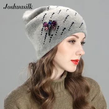 Joshuasilk Rudens un ziemas sieviešu cepure dubultā silta cepure adīta vilna, angoras spāre akmens apdares meitenēm