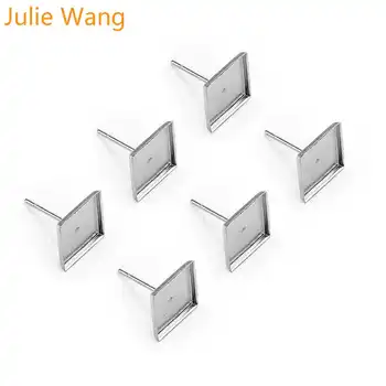 Julie Wang 50GAB Nerūsējošā Tērauda 10mm Laukumā Stud Auskars Cabochon Bāzes Uzstādījumi Tukšu Paplāti Auskari Piederumu, Rotaslietu izgatavošana