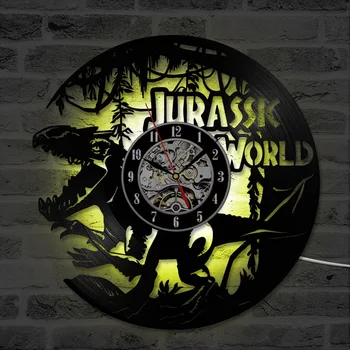 Jurassic Pasaules Tēmu Vinila CD Ieraksts Pulkstenis Radošo Karājas Pulkstenis Klasisko Roku darbs, Mājas Dekoru Antīko LED Sienas Pulkstenis