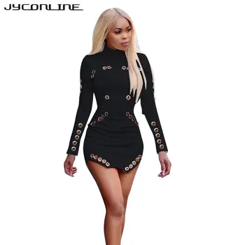 JYConline 2019 Sexy Dobi Caurumā Bodycon Kleita Sievietēm Ar Garām Piedurknēm Ar Īsu Kleitu Slim Puse Sexy Club Kleitas Vestido Rudens Drēbes
