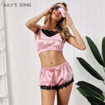 JŪLIJS DZIESMA Rozā Sieviešu Sleepwear Sexy Satīna Zīda Mežģīņu Tops Un Šorti V-veida Kakla Siksna bez Piedurknēm, Pidžamas Komplekts Linga Vasaras HomeWear