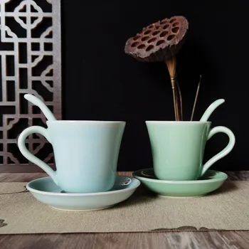 Kafijas Tase Krūze 5oz Teacup un Apakštase Set Porcelāna Drinkware Mikroviļņu krāsns un Trauku mazgājamā mašīna Droši Keramikas Galda piederumi Ķīnas Celadons