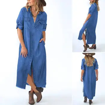 Kaftan Kleitu, Stilīgs Sieviešu Rudens Sundress ir 2021. VONDA Vintage Cietā Gadījuma garām Piedurknēm Demin Maxi Kleita Vestido Drēbes Plus Izmēra