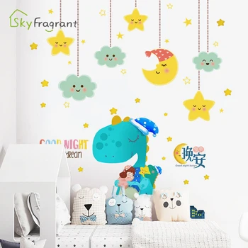 Karikatūra ar labu nakti dinozauru sienas uzlīmes bērniem, telpu dekorēšana mājas dekori bērnu guļamistaba pašlīmējošas radošo liela uzlīme