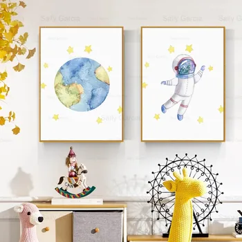 Karikatūra Astronauts Mākslas Tapetes Ceļot Kosmosa Planētas Kanvas Glezna Amatniecības Plakātu Izdrukāt Attēlu, Mājas, Bērni, Telpu Dekorēšana Bērnudārzs